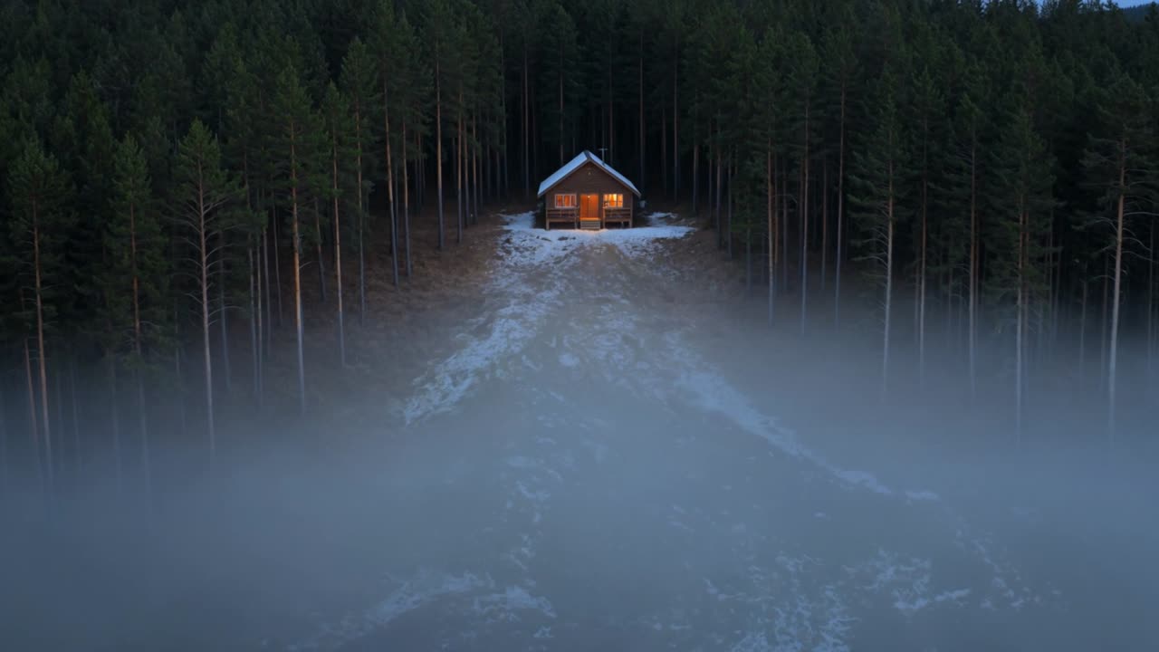 Cabin glowing at dusk in the forest